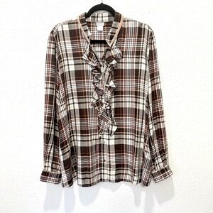 Chico's Brown Plaid Ruffle‎ Blouse XL